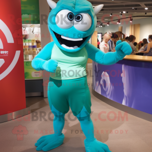 Teal Beef Stroganoff mascot costume character dressed with a One-Piece Swimsuit and Belts