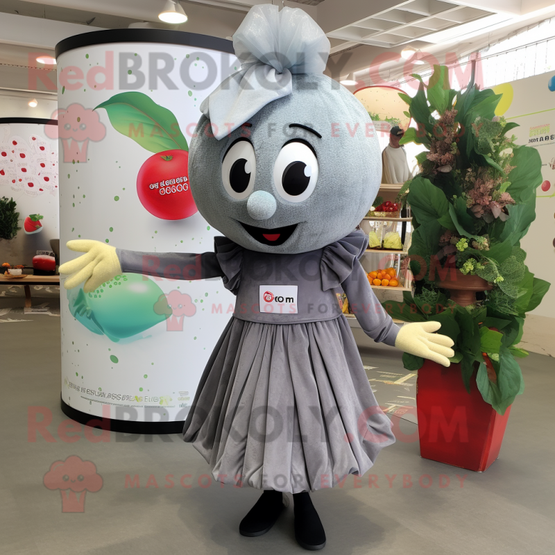 Gray Cherry mascot costume character dressed with a Dress and Headbands