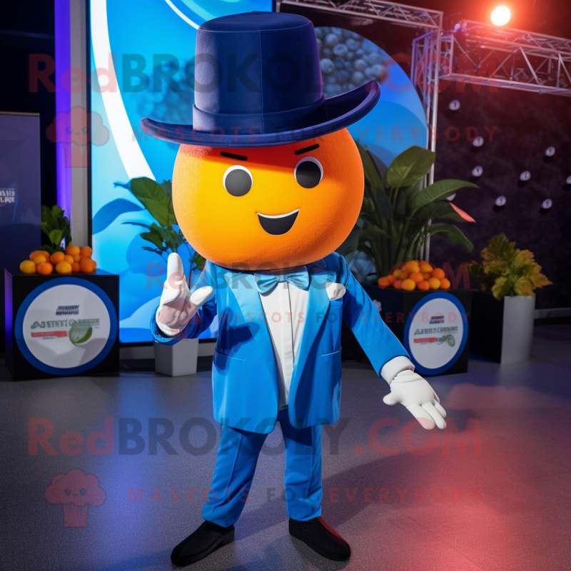 Blue Grapefruit mascot costume character dressed with a Tuxedo and Headbands
