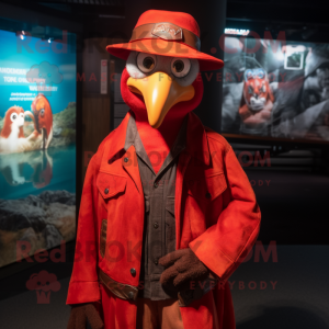 Red Albatross mascot costume character dressed with a Leather Jacket and Hat pins