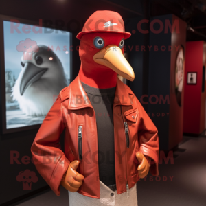 Red Albatross mascot costume character dressed with a Leather Jacket and Hat pins