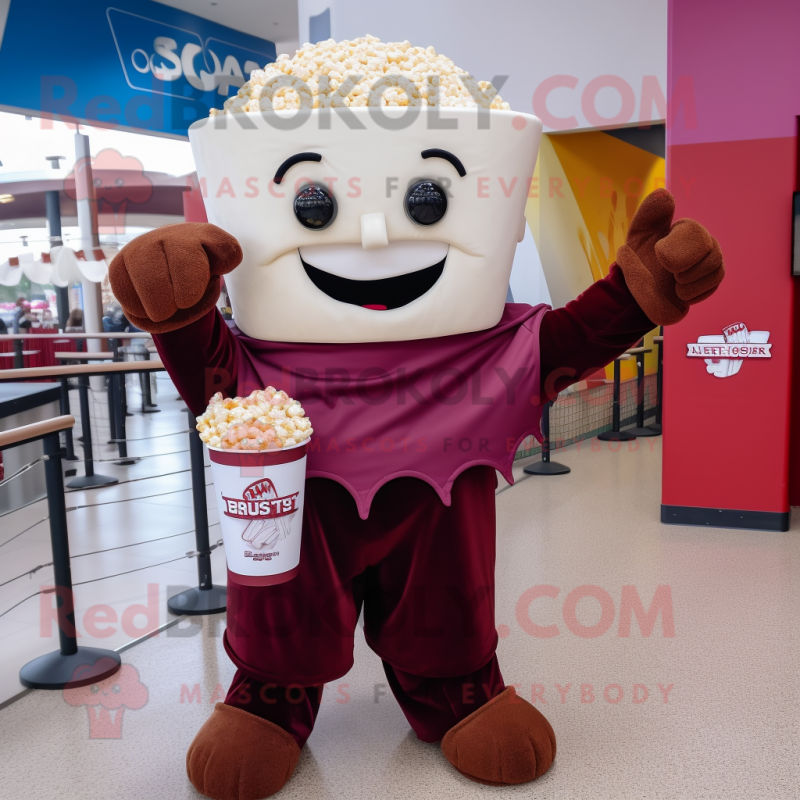 Maroon Pop Corn mascot costume character dressed with a T-Shirt and Wraps Maroon Pop Corn mascot costume character dressed with a T-Shirt and Wraps