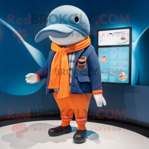 Orange Blue Whale mascot costume character dressed with a Cardigan and Berets