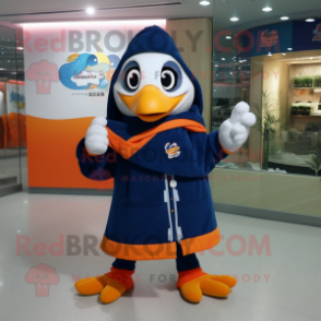 Navy Mandarin mascot costume character dressed with a Sweatshirt and Shawls