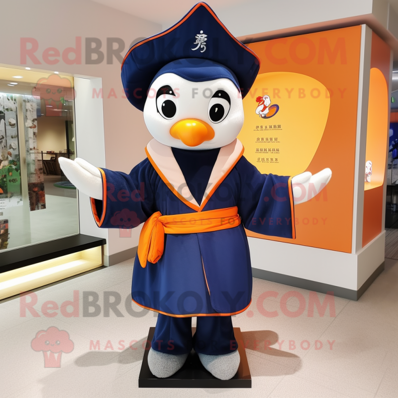 Navy Mandarin mascot costume character dressed with a Sweatshirt and Shawls