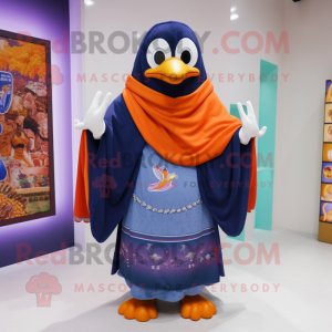 Navy Mandarin mascot costume character dressed with a Sweatshirt and Shawls