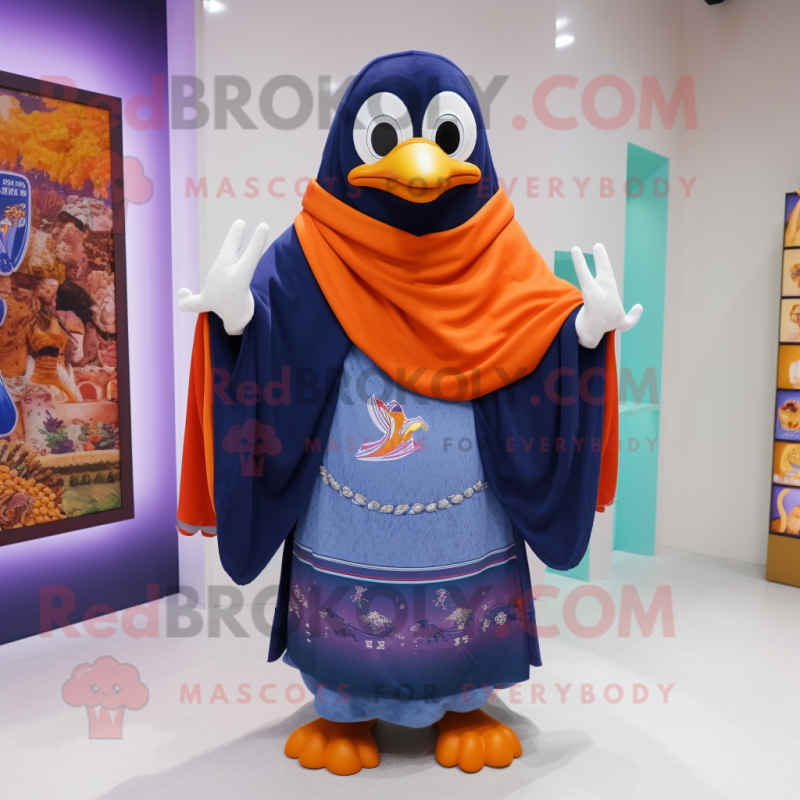 Navy Mandarin mascot costume character dressed with a Sweatshirt and Shawls Navy Mandarin mascot costume character dressed with a Sweatshirt and Shawls