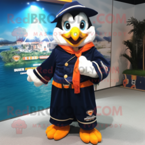 Navy Mandarin mascot costume character dressed with a Sweatshirt and Shawls