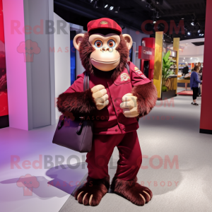 Maroon Chimpanzee mascot costume character dressed with a Chinos and Handbags