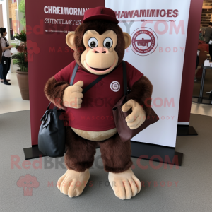 Maroon Chimpanzee mascot costume character dressed with a Chinos and Handbags