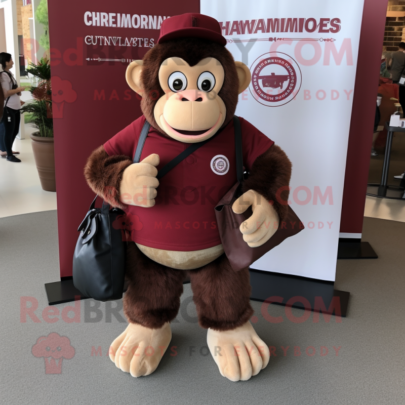 Maroon Chimpanzee mascot costume character dressed with a Chinos and Handbags Maroon Chimpanzee mascot costume character dressed with a Chinos and Handbags