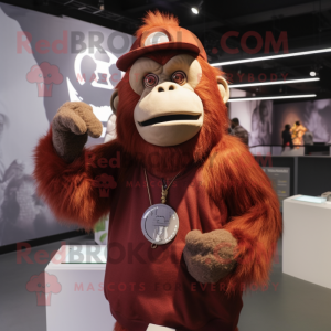 Maroon Orangutan mascot costume character dressed with a Sweatshirt and Caps