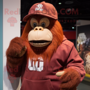 Maroon Orangutan mascot costume character dressed with a Sweatshirt and Caps