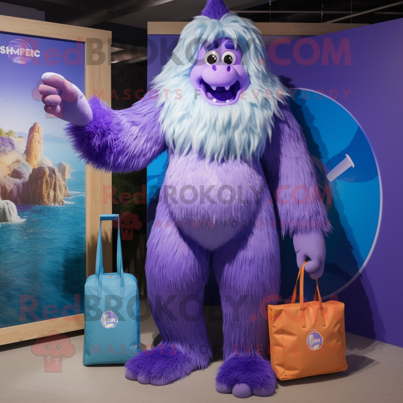 Purple Yeti mascot costume character dressed with a One-Piece Swimsuit and Tote bags