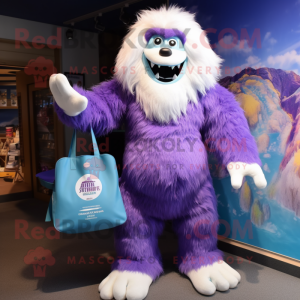Purple Yeti mascot costume character dressed with a One-Piece Swimsuit and Tote bags