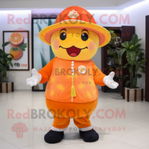 Peach Mandarin mascot costume character dressed with a Graphic Tee and Hats