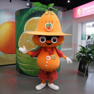 Peach Mandarin mascot costume character dressed with a Graphic Tee and Hats