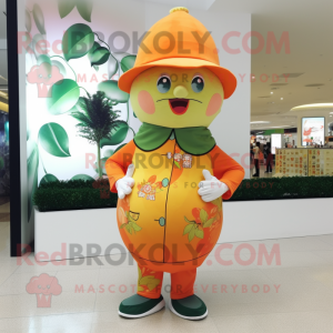 Peach Mandarin mascot costume character dressed with a Graphic Tee and Hats