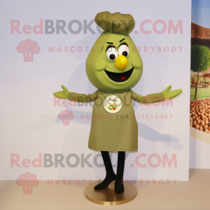 Olive Paella mascot costume character dressed with a Shift Dress and Lapel pins