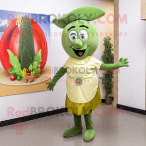 Olive Paella mascot costume character dressed with a Shift Dress and Lapel pins