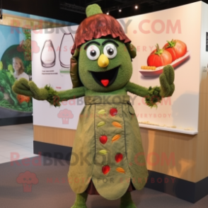 Olive Paella mascot costume character dressed with a Shift Dress and Lapel pins