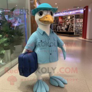 Cyan Albatross mascot costume character dressed with a Henley Shirt and Messenger bags