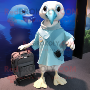 Cyan Albatross mascot costume character dressed with a Henley Shirt and Messenger bags