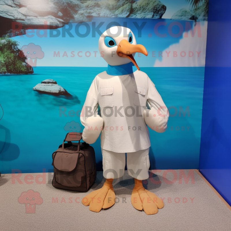 Cyan Albatross mascot costume character dressed with a Henley Shirt and Messenger bags