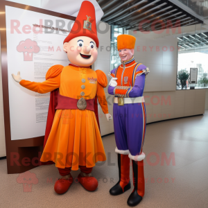 Orange Swiss Guard mascot costume character dressed with a Evening Gown and Lapel pins