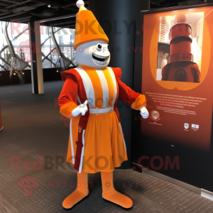 Orange Swiss Guard mascot costume character dressed with a Evening Gown and Lapel pins