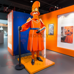Orange Swiss Guard mascot costume character dressed with a Evening Gown and Lapel pins