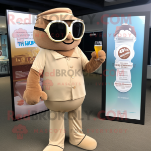 Tan Champagne mascot costume character dressed with a Playsuit and Reading glasses