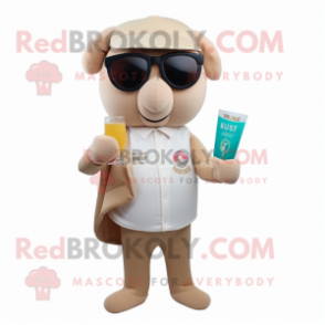 Tan Champagne mascot costume character dressed with a Playsuit and Reading glasses