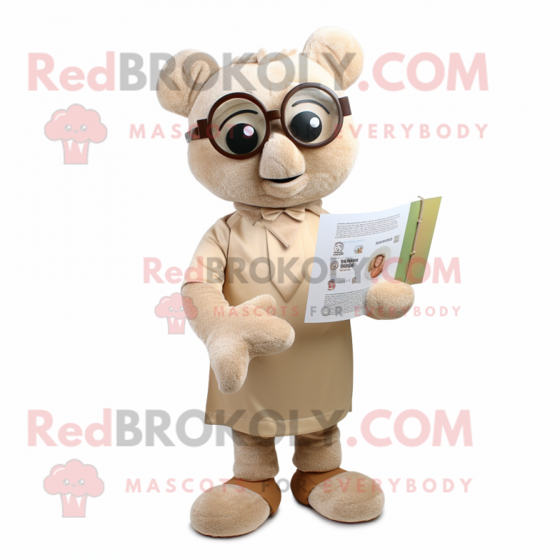 Tan Champagne mascot costume character dressed with a Playsuit and Reading glasses Tan Champagne mascot costume character dressed with a Playsuit and Reading glasses