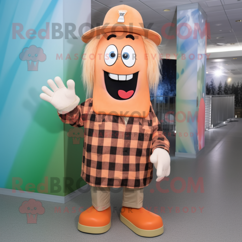 Peach Frankenstein mascot costume character dressed with a Flannel Shirt and Hats