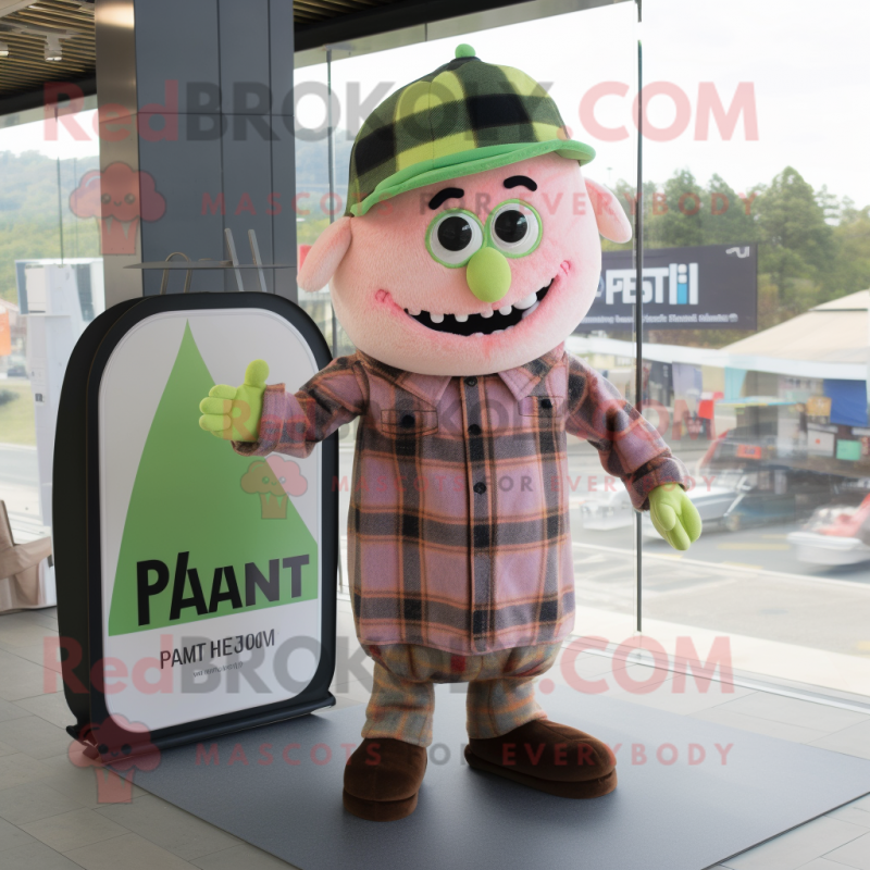 Peach Frankenstein mascot costume character dressed with a Flannel Shirt and Hats