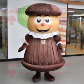 Brown Burgers mascot costume character dressed with a Circle Skirt and Hat pins