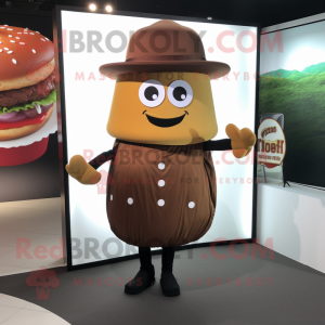 Brown Burgers mascot costume character dressed with a Circle Skirt and Hat pins