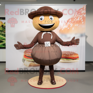 Brown Burgers mascot costume character dressed with a Circle Skirt and Hat pins