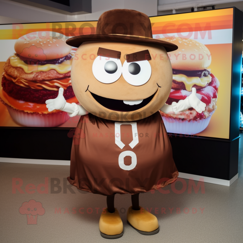 Brown Burgers mascot costume character dressed with a Circle Skirt and Hat pins Brown Burgers mascot costume character dressed with a Circle Skirt and Hat pins