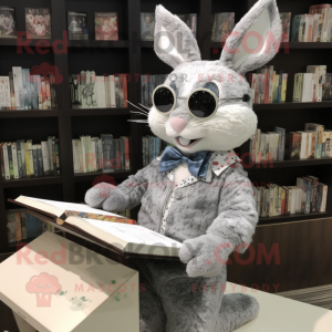 Silver Wild Rabbit mascot costume character dressed with a Wrap Dress and Reading glasses