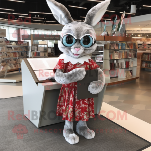 Silver Wild Rabbit mascot costume character dressed with a Wrap Dress and Reading glasses