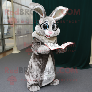 Silver Wild Rabbit mascot costume character dressed with a Wrap Dress and Reading glasses