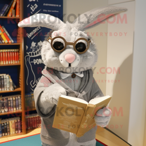 Silver Wild Rabbit mascot costume character dressed with a Wrap Dress and Reading glasses