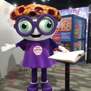 Purple Pizza mascot costume character dressed with a Pencil Skirt and Reading glasses