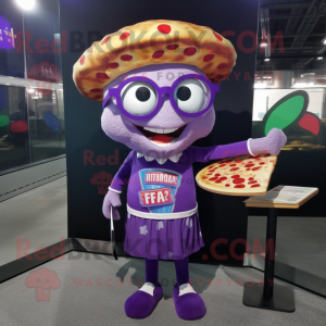 Purple Pizza mascot costume character dressed with a Pencil Skirt and Reading glasses