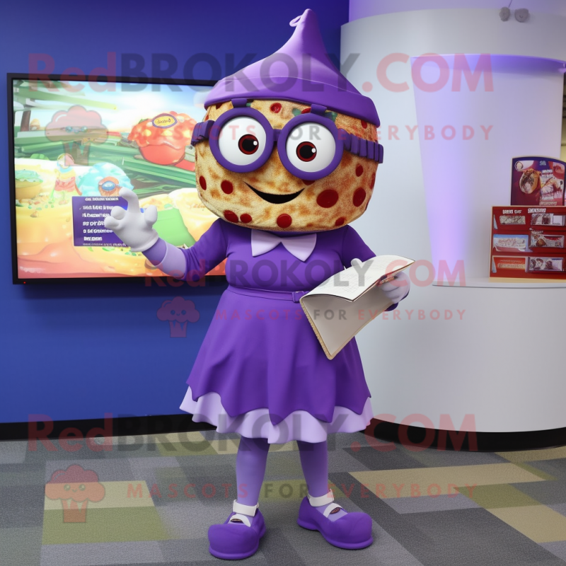 Purple Pizza mascot costume character dressed with a Pencil Skirt and Reading glasses