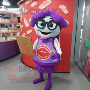 Purple Pizza mascot costume character dressed with a Pencil Skirt and Reading glasses