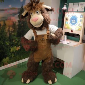 Brown Angora Goat mascot costume character dressed with a Dungarees and Bracelet watches