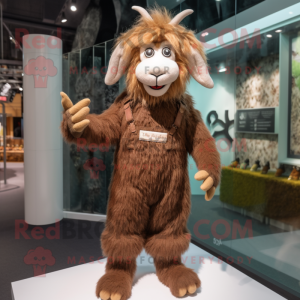 Brown Angora Goat mascot costume character dressed with a Dungarees and Bracelet watches